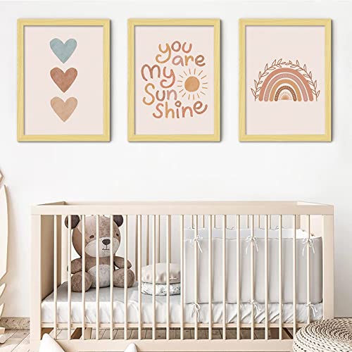 You Are My Sunshine Framed Wall Art Decor 3 Panel 12x16 Inch Heart Rainbow Nursery Boho Kids room Baby Girl Bedroom Decor for Nursery