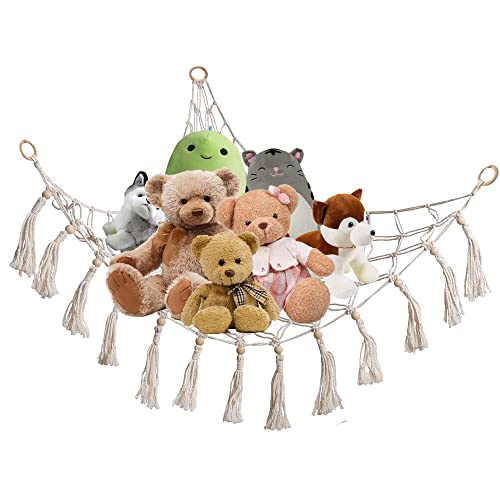 Siticoto Stuffed Animal Hammock,Large Toy Hammock Organizer Boho Corner Plush Toys Display Net with Tassels for Stuffed Animals Nursery Playroom Bedroom Kids Room