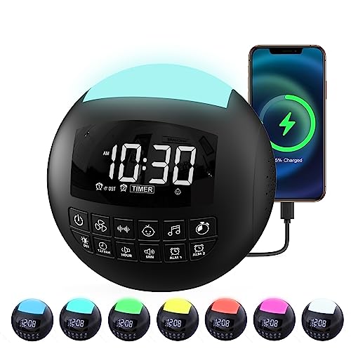 White Noise Machine with 42 Non Looping Natural Sleeping Sounds for Baby Adults,Dual Alarm Clock for Bedrooms with 2 Charger Ports,7 NightLights,6 Timers,9 Alarms,Adjustable Brightness,Memory Function