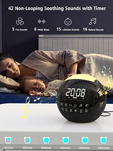 White Noise Machine with 42 Non Looping Natural Sleeping Sounds for Baby Adults,Dual Alarm Clock for Bedrooms with 2 Charger Ports,7 NightLights,6 Timers,9 Alarms,Adjustable Brightness,Memory Function