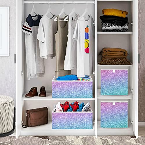 Pink Blue Glitter Cube Storage Bin Collapsible Storage Bins Waterproof Toy Basket for Cube Organizer Bins for Toys Nursery Kids Closet Book Bathroom Office - 11.02x11.02x11.02 in