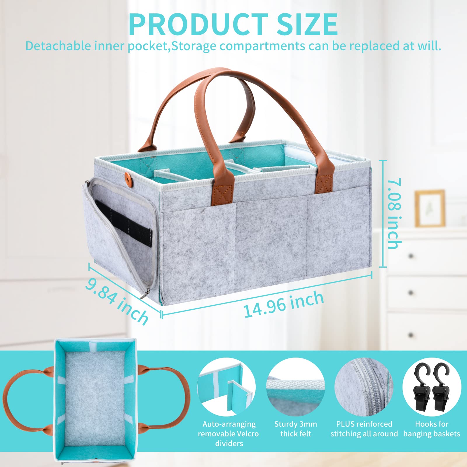 COSIFO Baby Diaper Caddy Organizer with Hook, Diaper Basket Caddy, Nursery Storage Bin Portable Holder Tote Bag with Cover for Changing Table and Car Baby Shower Gifts