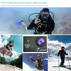 Xilecam Action Camera 1080P 30fps WiFi Action Camera HD 2.0 Inch Action Camera 40m/131ft Underwater Waterproof Snorkel Surf Camera with 2 Batteries and Multi-Function Accessory (1080P)