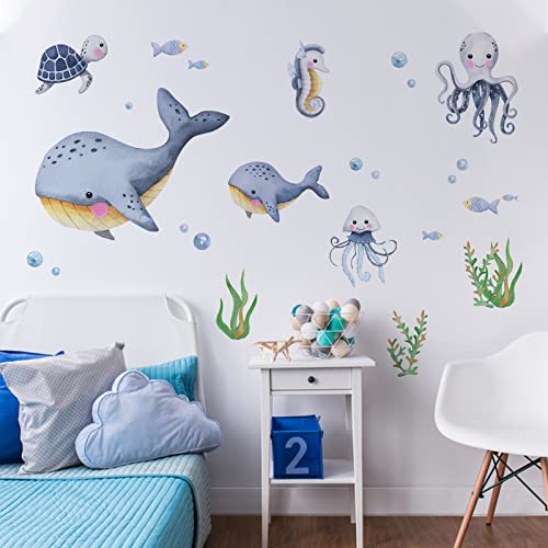 Mfault Under The Sea Whales Wall Decal Stickers, Ocean Hippocampus Octopus Turtle Fish Nursery Decoration Bedroom Bathroom Art, Neutral Marine Animal Toddler Kids Baby Boys Girls Room Decor Gift