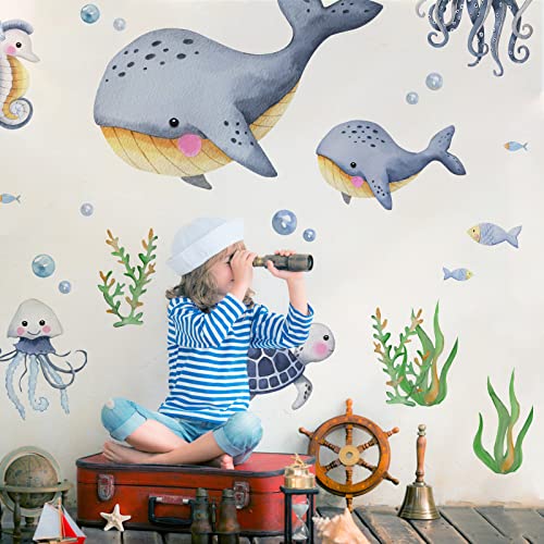 Mfault Under The Sea Whales Wall Decal Stickers, Ocean Hippocampus Octopus Turtle Fish Nursery Decoration Bedroom Bathroom Art, Neutral Marine Animal Toddler Kids Baby Boys Girls Room Decor Gift