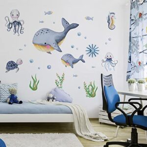 Mfault Under The Sea Whales Wall Decal Stickers, Ocean Hippocampus Octopus Turtle Fish Nursery Decoration Bedroom Bathroom Art, Neutral Marine Animal Toddler Kids Baby Boys Girls Room Decor Gift