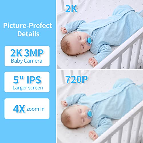 KAWA Baby Monitor, 2K QHD 5'' Video Baby Monitor with Camera and Audio, No WiFi, Night Vision, Video Recording & Playback, Split Screen, 2-Way Talk, Temp Sensor, 4000mAh, 4X Zoom, 1000ft Range S7