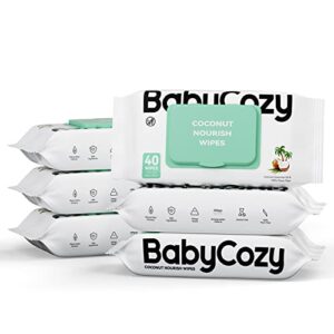 baby wipes, cleansing & moisturizing 2-in-1 babycozy sensitive baby wipes, 100% plant fiber & 100% biodegradable, hypoallergenic baby coconut wipes moisturize every cleanse, 240 cnt (6 pack)