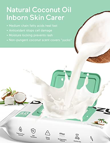 Baby Wipes, Cleansing & Moisturizing 2-in-1 Babycozy Sensitive Baby Wipes, 100% Plant Fiber & 100% Biodegradable, Hypoallergenic Baby Coconut Wipes Moisturize Every Cleanse, 240 cnt (6 pack)