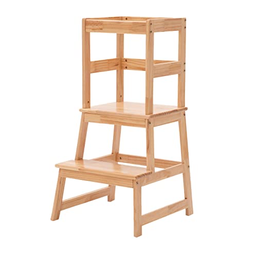 Kids Kitchen Step Stool for Kids with Safety Rail,Solid Wood Construction Toddler Learning Stool Tower, Montessori Toddlers Kitchen Stool (Natural)