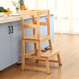 kids kitchen step stool for kids with safety rail,solid wood construction toddler learning stool tower, montessori toddlers kitchen stool (natural)