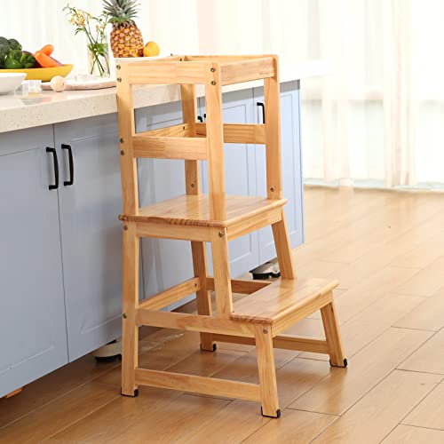 Kids Kitchen Step Stool for Kids with Safety Rail,Solid Wood Construction Toddler Learning Stool Tower, Montessori Toddlers Kitchen Stool (Natural)