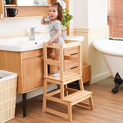 Kids Kitchen Step Stool for Kids with Safety Rail,Solid Wood Construction Toddler Learning Stool Tower, Montessori Toddlers Kitchen Stool (Natural)