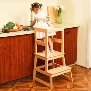 Kids Kitchen Step Stool for Kids with Safety Rail,Solid Wood Construction Toddler Learning Stool Tower, Montessori Toddlers Kitchen Stool (Natural)