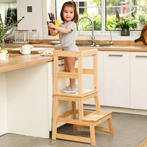 Kids Kitchen Step Stool for Kids with Safety Rail,Solid Wood Construction Toddler Learning Stool Tower, Montessori Toddlers Kitchen Stool (Natural)