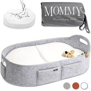 baby changing basket with contoured foam pad - wipeable waterproof cover - changing pad topper for dresser/table, living room, portable, moses basket, gray, j&joo… (gray)