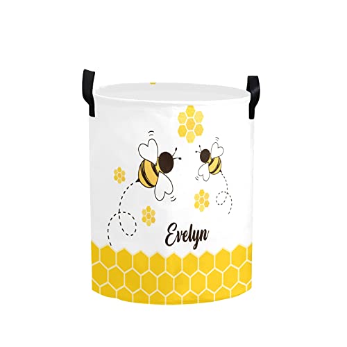 Personalized Laundry Basket Hamper,Bee Honeycomb Yellow,Collapsible Storage Baskets with Handles for Kids Room,Clothes, Nursery Decor