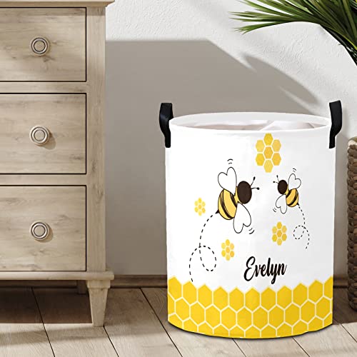 Personalized Laundry Basket Hamper,Bee Honeycomb Yellow,Collapsible Storage Baskets with Handles for Kids Room,Clothes, Nursery Decor