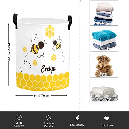 Personalized Laundry Basket Hamper,Bee Honeycomb Yellow,Collapsible Storage Baskets with Handles for Kids Room,Clothes, Nursery Decor