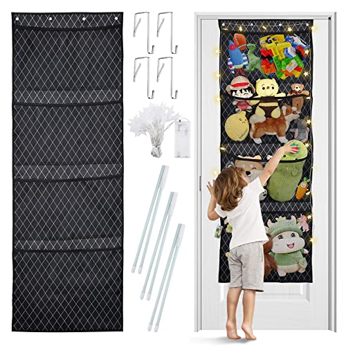 Over The Door Storage with LED Light,Stuffed Animal Storage Hanging Organizer for Plush and Squishy Toys,Animals Storage Bags for Kids Bedroom/Living-Room/Closet with Breathable Net Hanging Holder