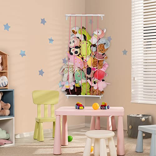 Telihel Stuffed Animal Storage Wood Soft Toy Shelf with Adjustable Length Large Corner Plush Toys Holder for Nursery Play Room Bedroom Kid Room (White)