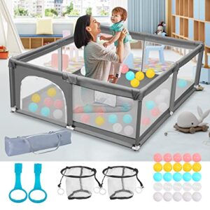 PlayPen for Babies and Toddlers-Aukivon 71"x59" Extra Large Baby Playpen with Storage Bag Baby Playard with Door, 2 Pull Rings & 50 Ocean Balls for Kids for Indoor & Outdoor, Anti-Collision, Grey