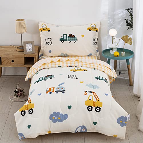 Drucon Cartoon Truck Toddler Comforter Set 4pcs Cotton Bedding Soft Reversible Bedding Set for All Season (1 Comforter,1 Flat Sheet, 1 Fitted Sheet and 1 Pillowcase)