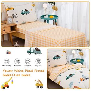 Drucon Cartoon Truck Toddler Comforter Set 4pcs Cotton Bedding Soft Reversible Bedding Set for All Season (1 Comforter,1 Flat Sheet, 1 Fitted Sheet and 1 Pillowcase)