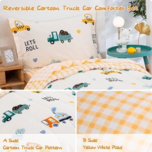 Drucon Cartoon Truck Toddler Comforter Set 4pcs Cotton Bedding Soft Reversible Bedding Set for All Season (1 Comforter,1 Flat Sheet, 1 Fitted Sheet and 1 Pillowcase)