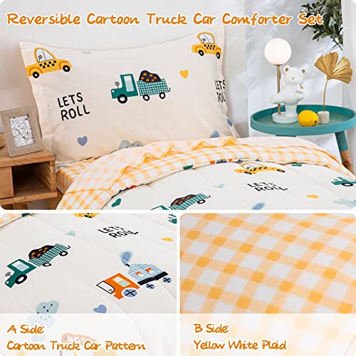 Drucon Cartoon Truck Toddler Comforter Set 4pcs Cotton Bedding Soft Reversible Bedding Set for All Season (1 Comforter,1 Flat Sheet, 1 Fitted Sheet and 1 Pillowcase)