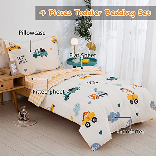 Drucon Cartoon Truck Toddler Comforter Set 4pcs Cotton Bedding Soft Reversible Bedding Set for All Season (1 Comforter,1 Flat Sheet, 1 Fitted Sheet and 1 Pillowcase)