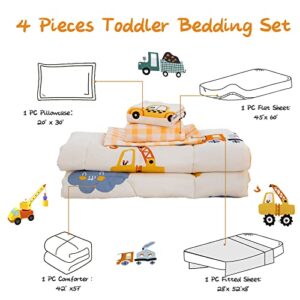 Drucon Cartoon Truck Toddler Comforter Set 4pcs Cotton Bedding Soft Reversible Bedding Set for All Season (1 Comforter,1 Flat Sheet, 1 Fitted Sheet and 1 Pillowcase)