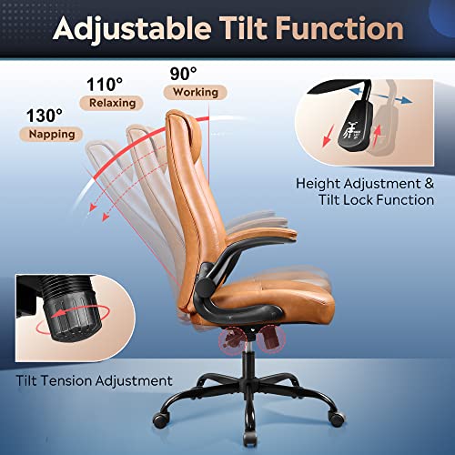 DEVAISE Computer Office Chair, High Back Ergonomic Desk Chair with Adjustable Flip-up Armrests, Lumbar Support and Thick Headrest, Executive Suede Fabric Swivel Task Chair, Brown