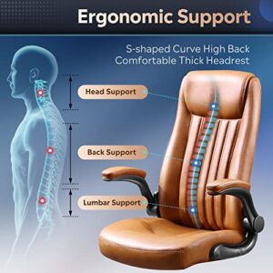 DEVAISE Computer Office Chair, High Back Ergonomic Desk Chair with Adjustable Flip-up Armrests, Lumbar Support and Thick Headrest, Executive Suede Fabric Swivel Task Chair, Brown