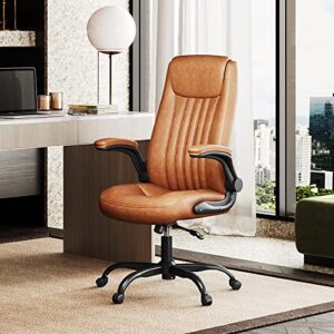 DEVAISE Computer Office Chair, High Back Ergonomic Desk Chair with Adjustable Flip-up Armrests, Lumbar Support and Thick Headrest, Executive Suede Fabric Swivel Task Chair, Brown