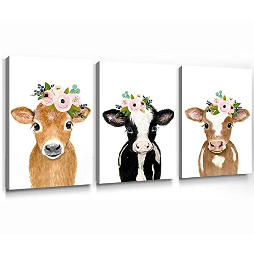 Cute Cow Canvas Wall Art Baby Animal Picture for Nursery Farm Animal Wall Decor Cow with Flowers Poster Baby Cow Cattle Painting with Flower Crown Artwork Brown Cow Wall Art 16x24inchx3pcs No Frame