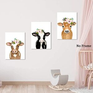 Cute Cow Canvas Wall Art Baby Animal Picture for Nursery Farm Animal Wall Decor Cow with Flowers Poster Baby Cow Cattle Painting with Flower Crown Artwork Brown Cow Wall Art 16x24inchx3pcs No Frame