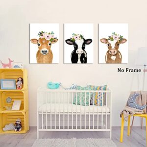 Cute Cow Canvas Wall Art Baby Animal Picture for Nursery Farm Animal Wall Decor Cow with Flowers Poster Baby Cow Cattle Painting with Flower Crown Artwork Brown Cow Wall Art 16x24inchx3pcs No Frame