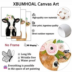 Cute Cow Canvas Wall Art Baby Animal Picture for Nursery Farm Animal Wall Decor Cow with Flowers Poster Baby Cow Cattle Painting with Flower Crown Artwork Brown Cow Wall Art 16x24inchx3pcs No Frame