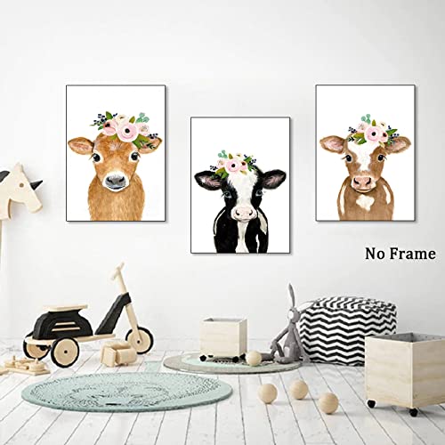 Cute Cow Canvas Wall Art Baby Animal Picture for Nursery Farm Animal Wall Decor Cow with Flowers Poster Baby Cow Cattle Painting with Flower Crown Artwork Brown Cow Wall Art 16x24inchx3pcs No Frame