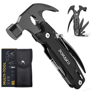 14-in-1 multitool hammer, pohaku multitool with diy stickers, safety lock, screwdriver bits set and durable nylon sheath, multi tool for outdoor, camping, ideal gifts for father, husband, boyfriend
