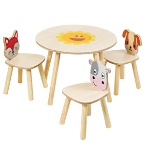xylolin wooden kids table and chairs set, 4 pieces play table with animal themed chairs for toddlers drawing reading arts crafts snack time, boys girls playroom school home daycare