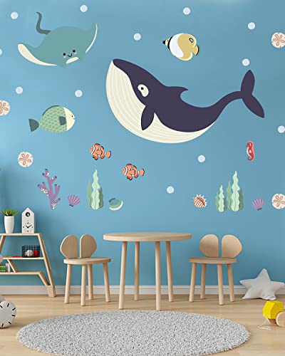 Ocean Fish Wall Decals Peel and Stick 39" Large Whale Wall Decal Under The Sea Wall Stickers for Kids Bedroom Ocean Decal Stickers for Baby Girl Boy Room Decor Undersea Fish Decor Wallpaper Stickers Mural Wall Art for Nursery Underwater Fish Decal