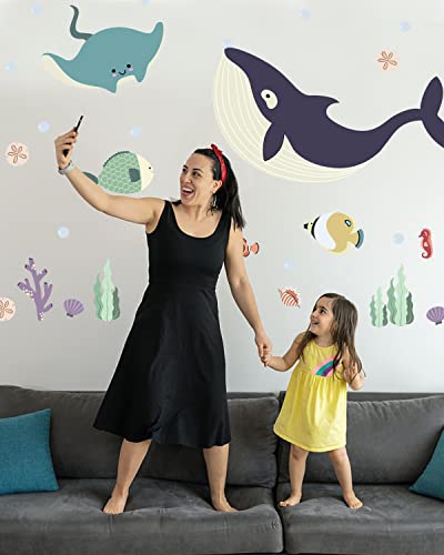 Ocean Fish Wall Decals Peel and Stick 39" Large Whale Wall Decal Under The Sea Wall Stickers for Kids Bedroom Ocean Decal Stickers for Baby Girl Boy Room Decor Undersea Fish Decor Wallpaper Stickers Mural Wall Art for Nursery Underwater Fish Decal