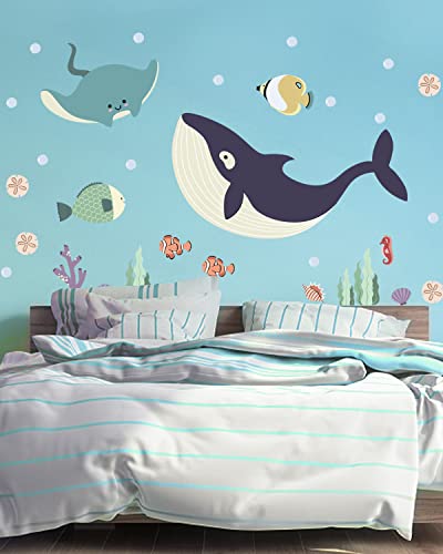 Ocean Fish Wall Decals Peel and Stick 39" Large Whale Wall Decal Under The Sea Wall Stickers for Kids Bedroom Ocean Decal Stickers for Baby Girl Boy Room Decor Undersea Fish Decor Wallpaper Stickers Mural Wall Art for Nursery Underwater Fish Decal