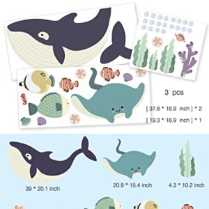 Ocean Fish Wall Decals Peel and Stick 39" Large Whale Wall Decal Under The Sea Wall Stickers for Kids Bedroom Ocean Decal Stickers for Baby Girl Boy Room Decor Undersea Fish Decor Wallpaper Stickers Mural Wall Art for Nursery Underwater Fish Decal