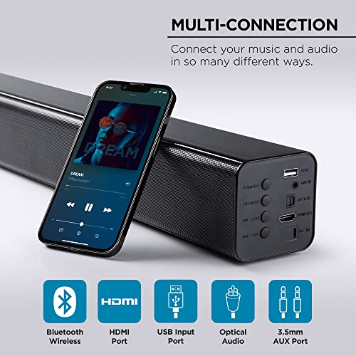 Merkury Innovations, Pur Sound Wireless Home Theater Soundbar and Speaker, Bluetooth HDMI Optical USB Plugin, 10 Watt Output Power, 1500mAh Rechargeable Battery