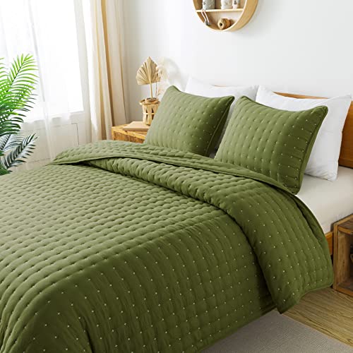 Green California Cal King Size Quilt Bedding Sets with Pillow Shams, Dark Sage Olive Oversized Lightweight Soft Bedspread Coverlet, Quilted Blanket Thin Comforter Bed Cover, 3 Pieces, 118x106 inches