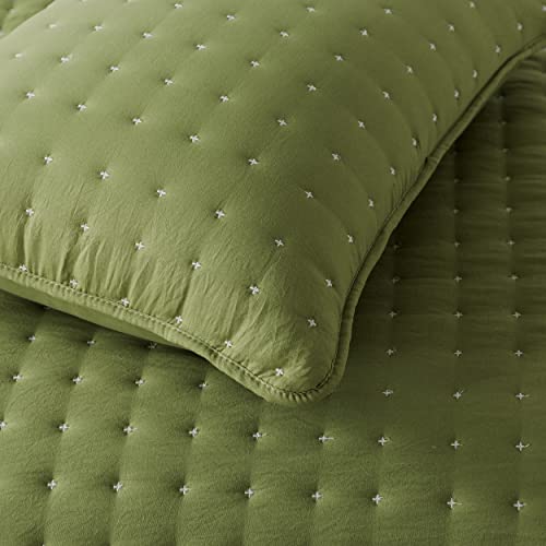 Green California Cal King Size Quilt Bedding Sets with Pillow Shams, Dark Sage Olive Oversized Lightweight Soft Bedspread Coverlet, Quilted Blanket Thin Comforter Bed Cover, 3 Pieces, 118x106 inches