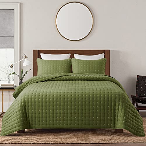 Green California Cal King Size Quilt Bedding Sets with Pillow Shams, Dark Sage Olive Oversized Lightweight Soft Bedspread Coverlet, Quilted Blanket Thin Comforter Bed Cover, 3 Pieces, 118x106 inches